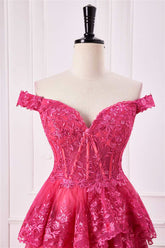 Off the Shoulder Hot Pink Sequin Tiered Prom Dress with Slit
